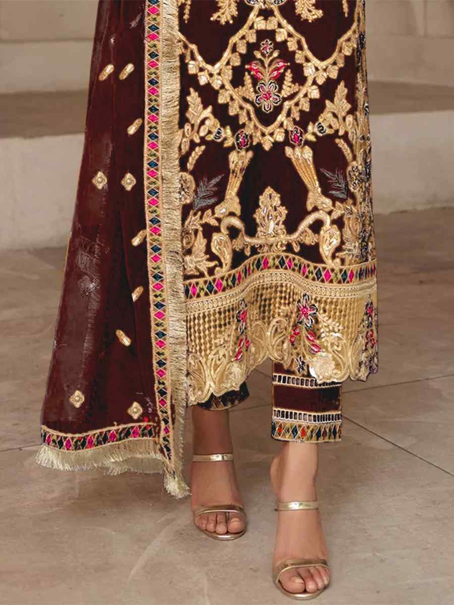 Brown Georgette Embroidered Festival Party Pant Salwar Kameez