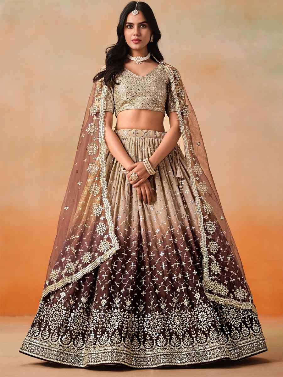 Brown Georgette Embroidered Festival Party Wear Circular Lehenga Choli