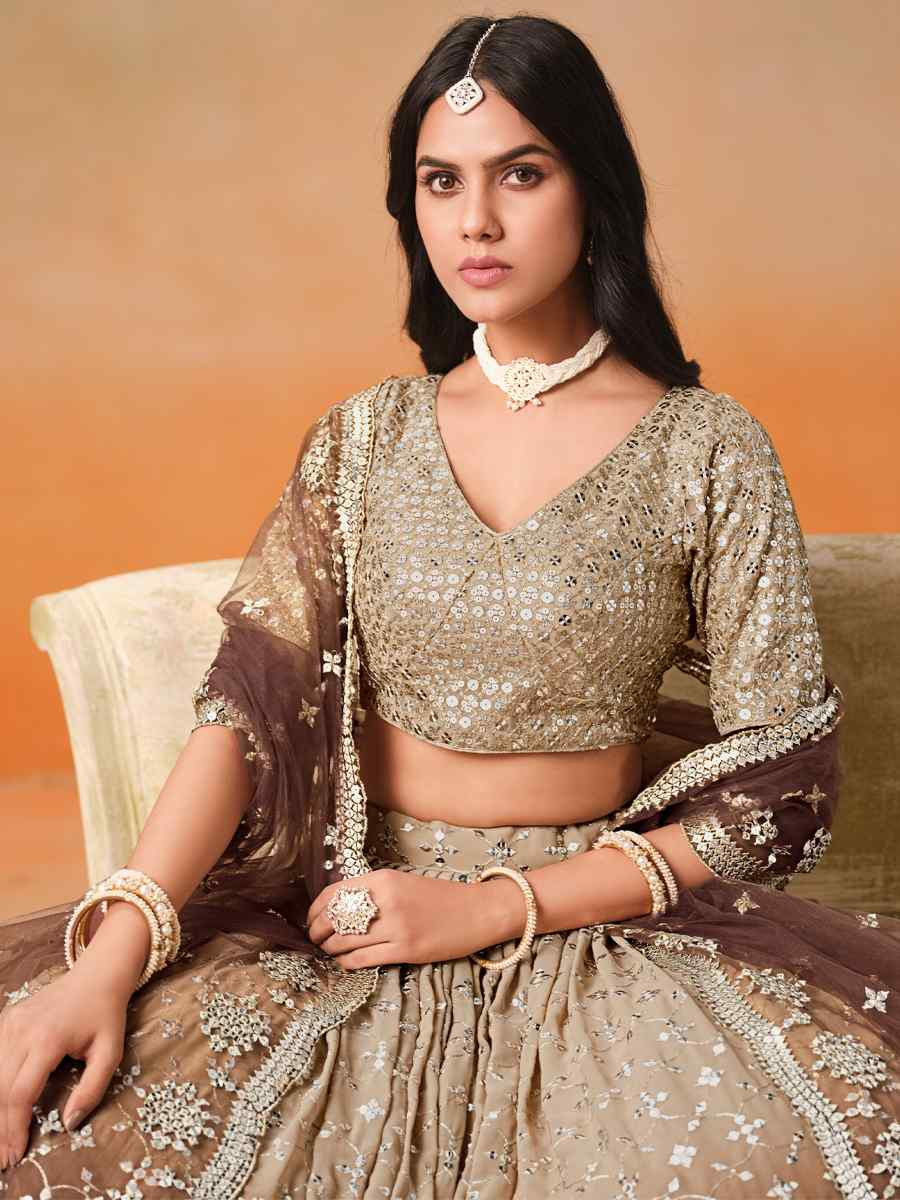 Brown Georgette Embroidered Festival Party Wear Circular Lehenga Choli