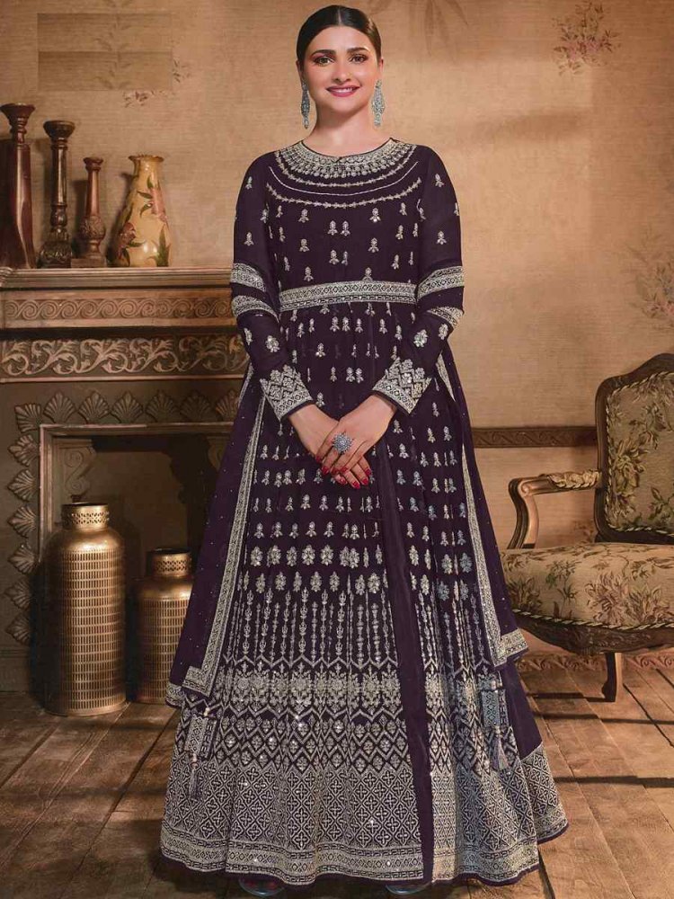 Brown Georgette Embroidered Wedding Festival Anarkali Bollywood Style Salwar Kameez