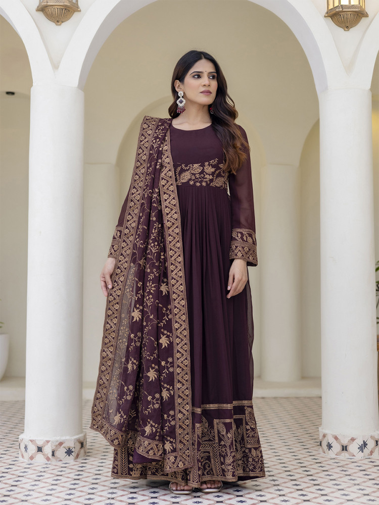 Image of Brown Georgette Embroidered Wedding Festival Casual Party Wear Gown Women Wear