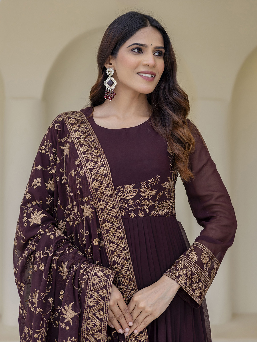 Brown Georgette Embroidered Wedding Festival Casual Party Wear Gown Women Wear