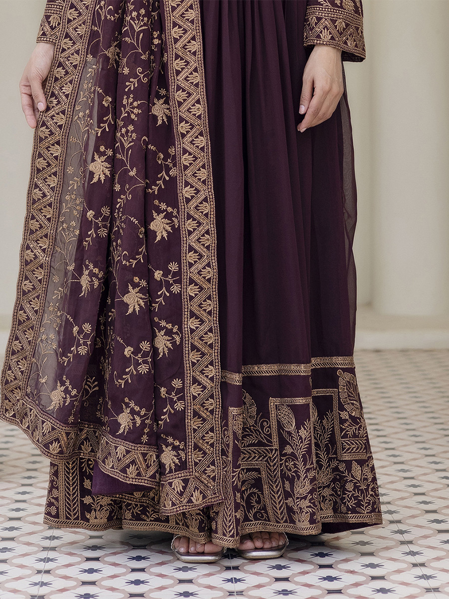 Brown Georgette Embroidered Wedding Festival Casual Party Wear Gown Women Wear