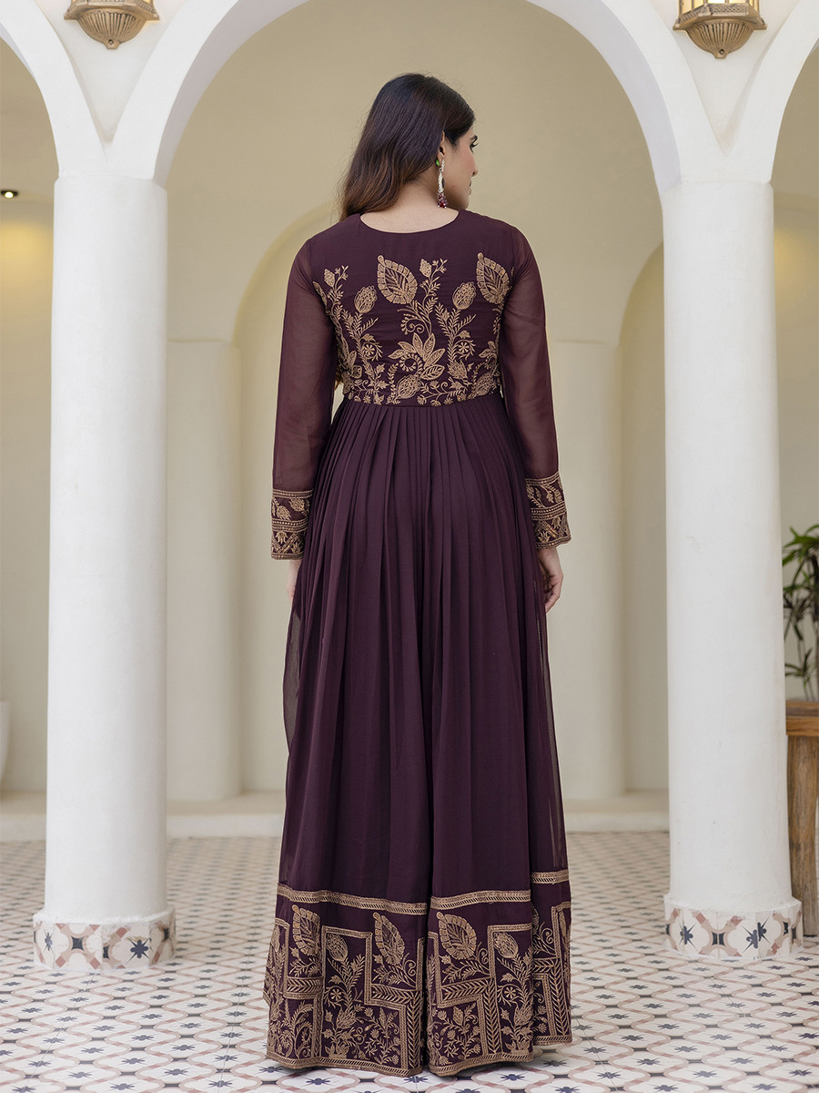 Brown Georgette Embroidered Wedding Festival Casual Party Wear Gown Women Wear
