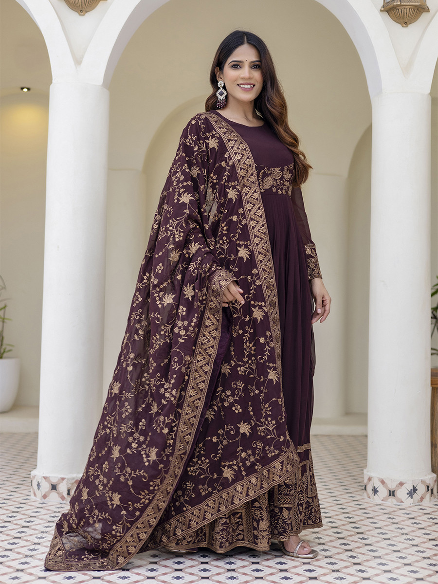 Brown Georgette Embroidered Wedding Festival Casual Party Wear Gown Women Wear
