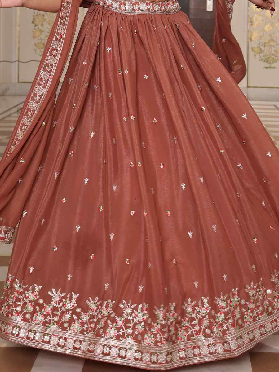 Brown Georgette Embroidered Wedding Reception Festival Heavy Border Lehenga Choli