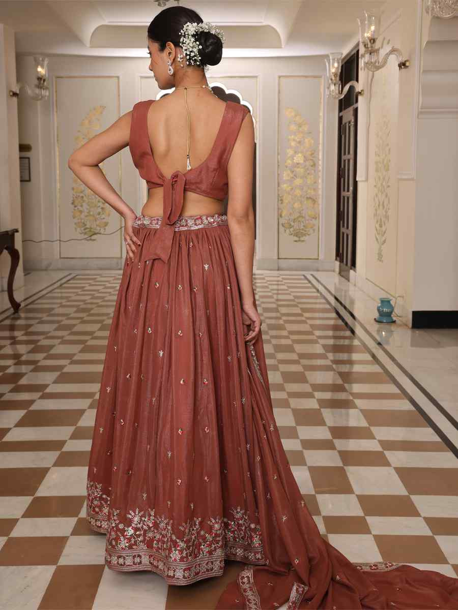 Brown Georgette Embroidered Wedding Reception Festival Heavy Border Lehenga Choli