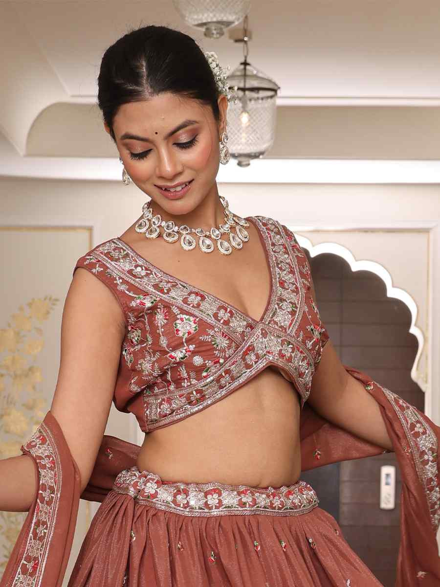 Brown Georgette Embroidered Wedding Reception Festival Heavy Border Lehenga Choli