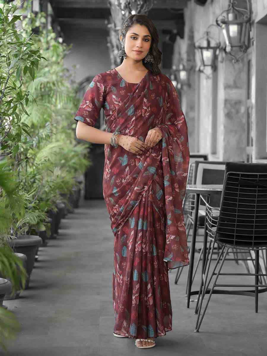 Brown Georgette Printed Festival Wedding Fancy Saree