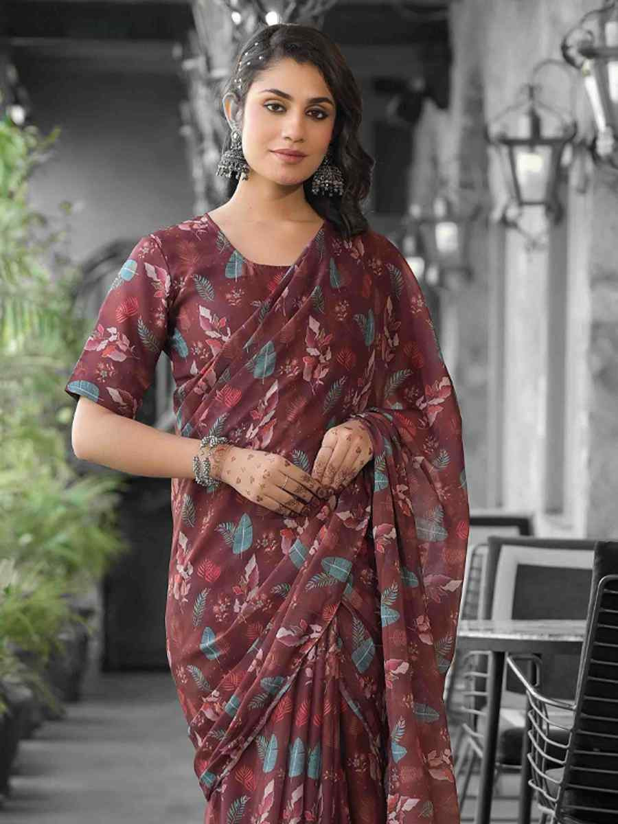 Brown Georgette Printed Festival Wedding Fancy Saree