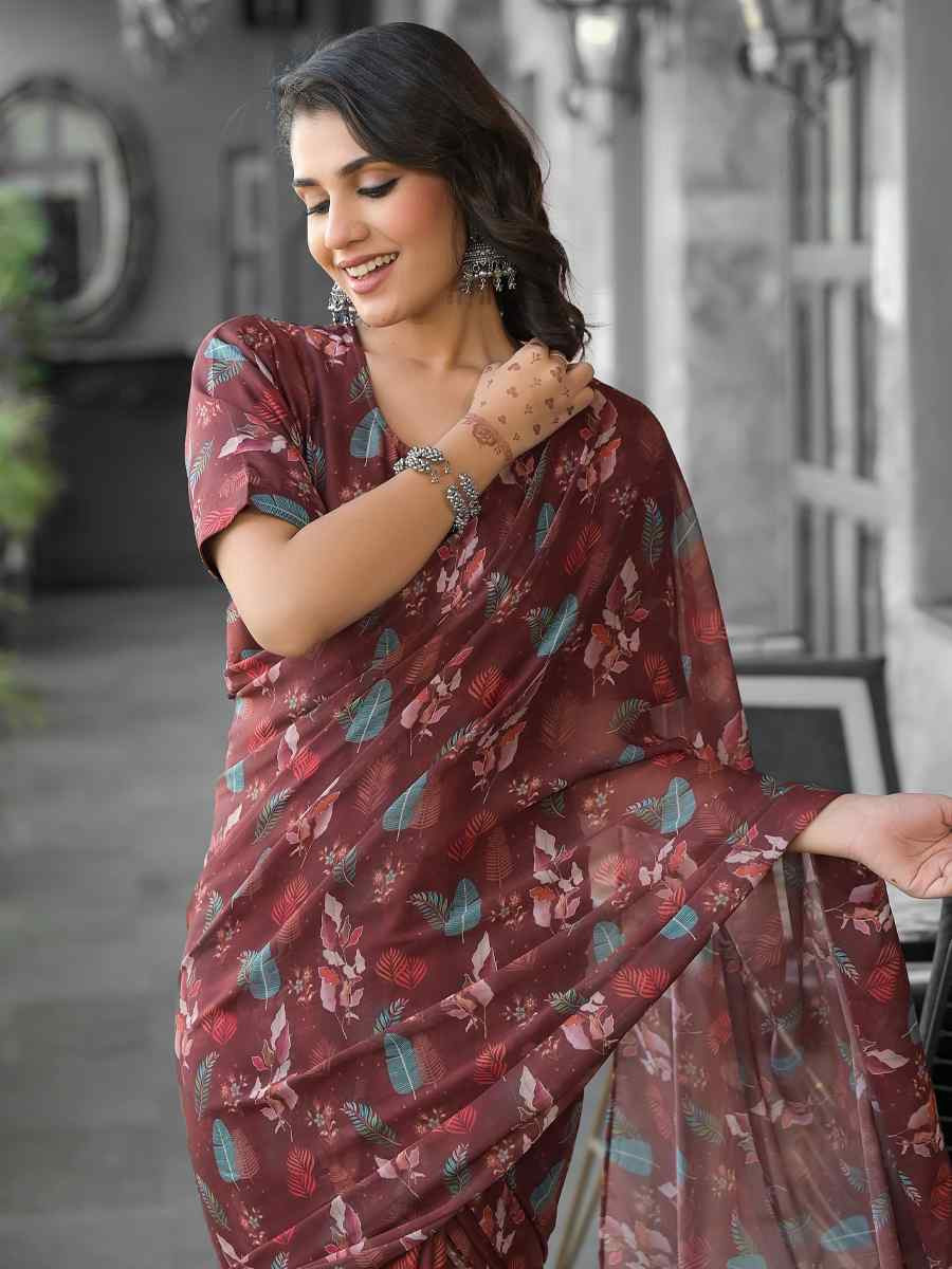 Brown Georgette Printed Festival Wedding Fancy Saree