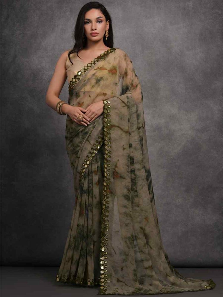 Brown Georgette Printed Party Casual Classic Style Saree