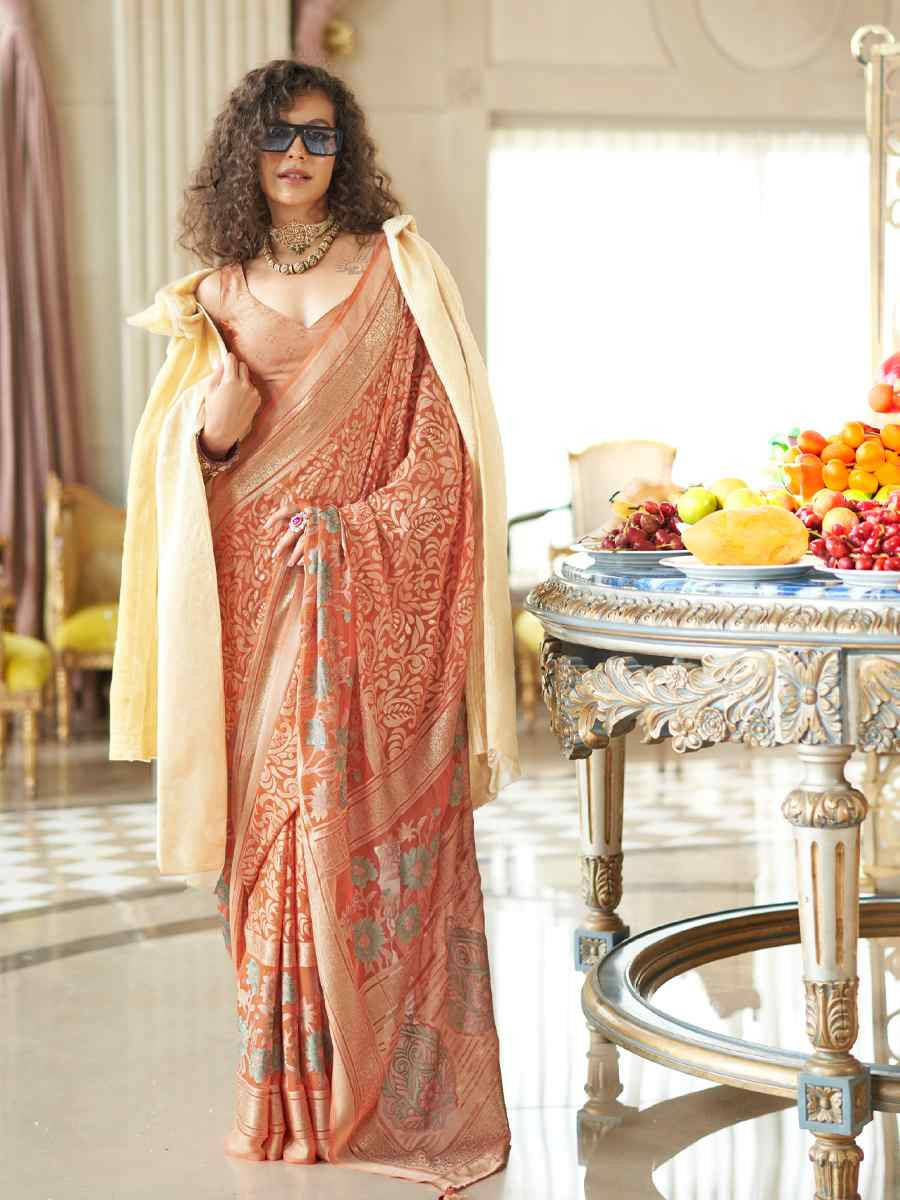 Brown Georgette Printed Party Reception Festival Wedding Fancy Classic Style Sarees