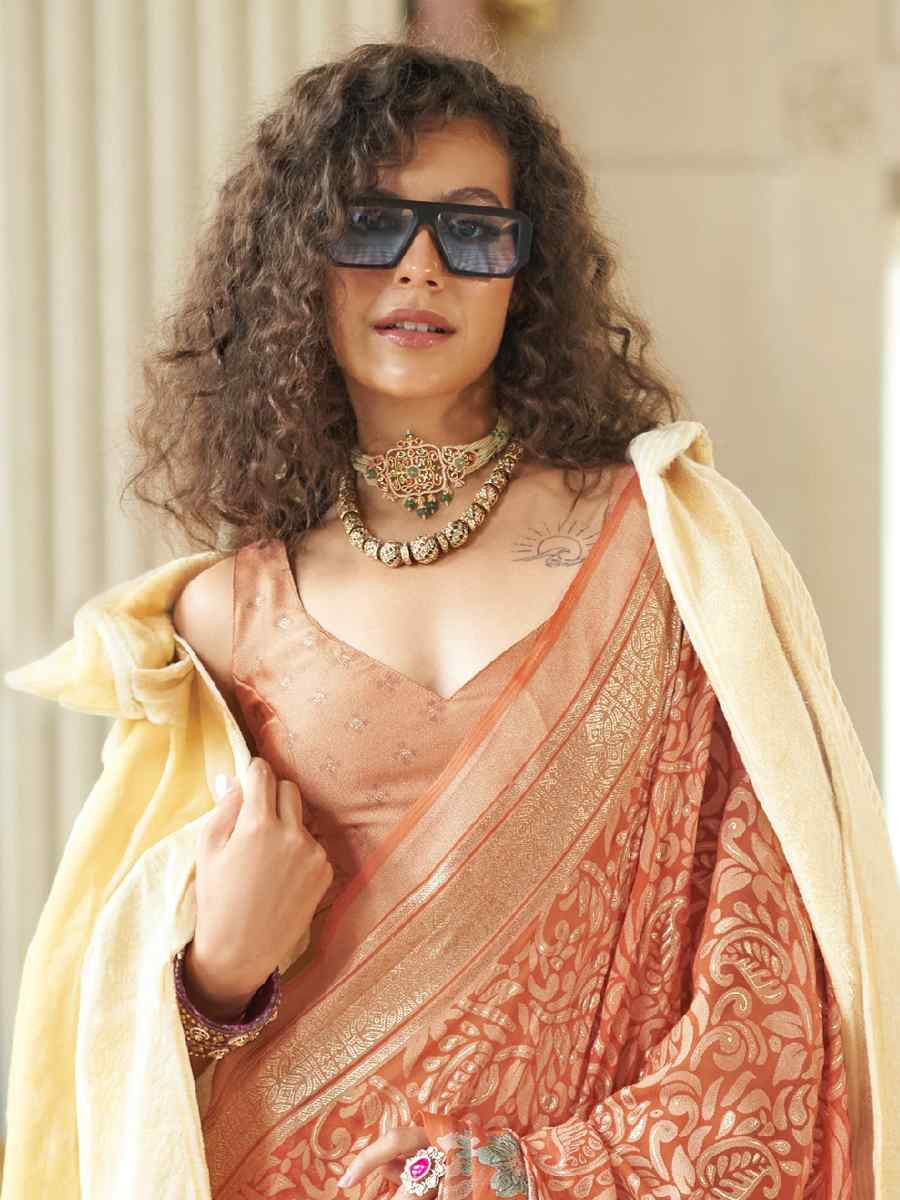 Brown Georgette Printed Party Reception Festival Wedding Fancy Classic Style Sarees