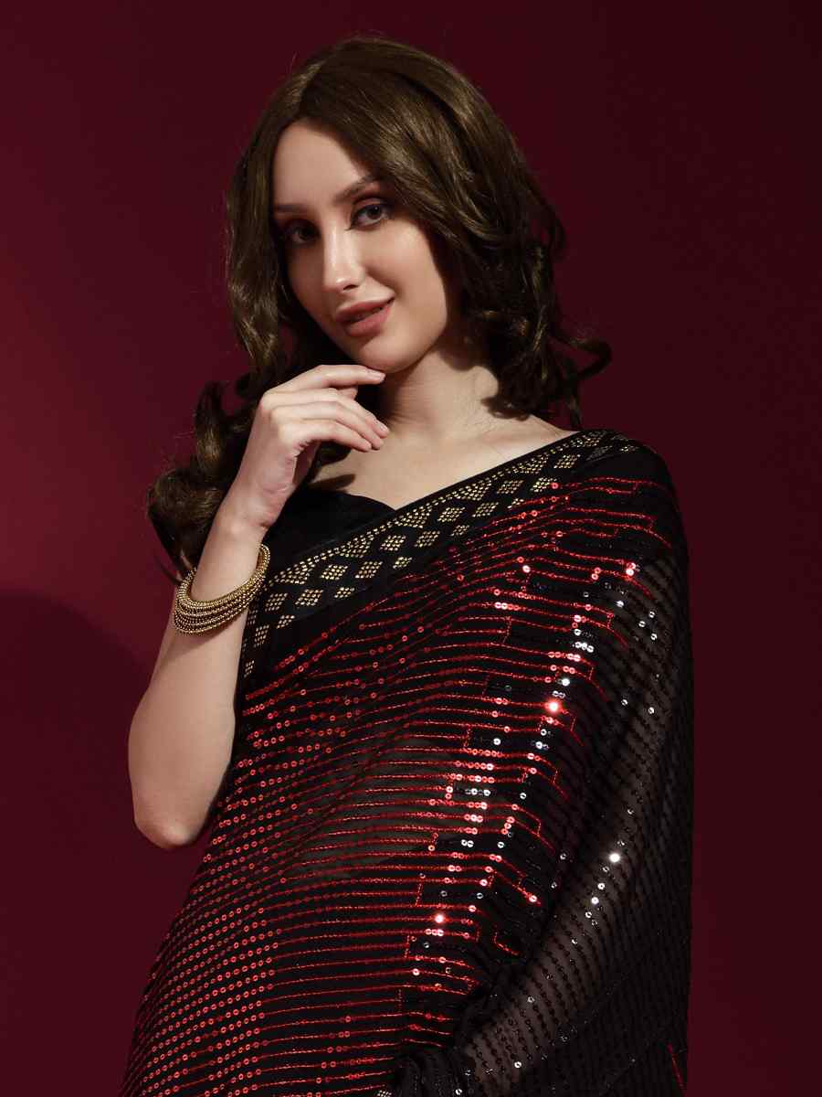 Brown Georgette Sequins Party Cocktail Classic Style Saree