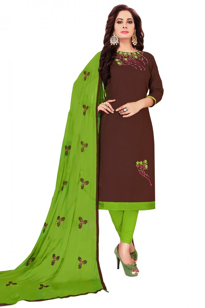 Brown Glass Cotton Embroidered Casual Party Churidar Salwar Kameez