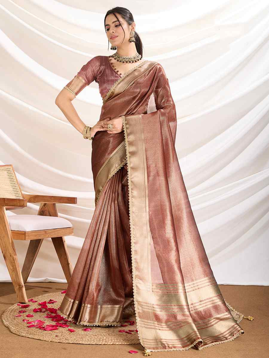 Brown Gold Infused Tissue Linen Handwoven Festival Wedding Fancy Heavy Border Saree