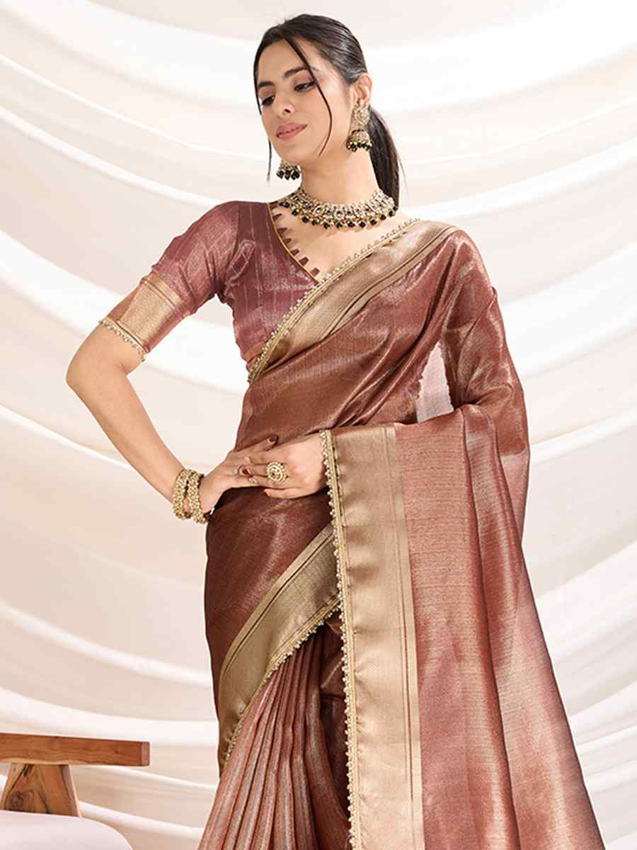 Brown Gold Infused Tissue Linen Handwoven Festival Wedding Fancy Heavy Border Saree