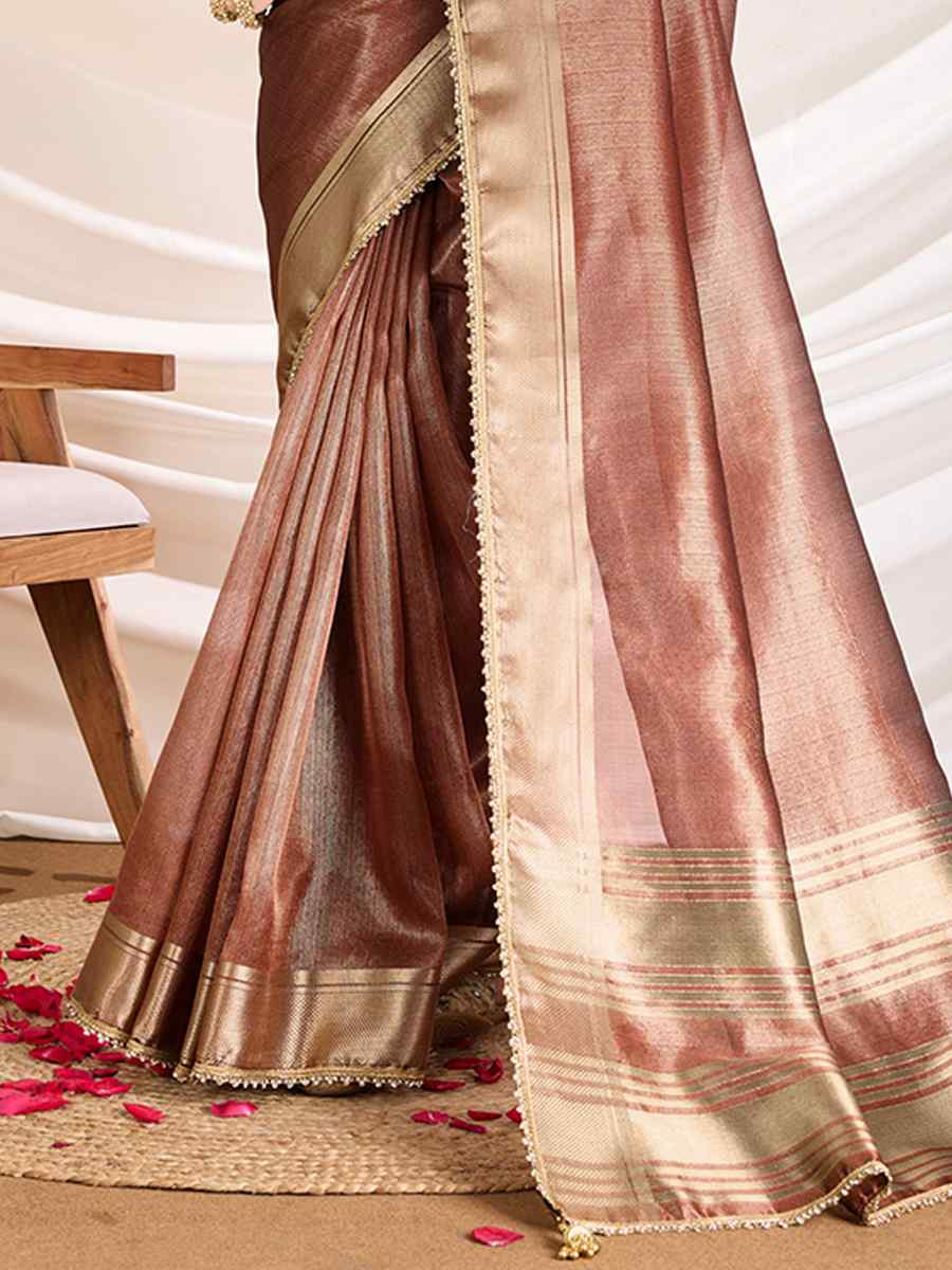 Brown Gold Infused Tissue Linen Handwoven Festival Wedding Fancy Heavy Border Saree
