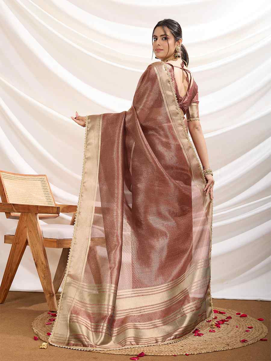 Brown Gold Infused Tissue Linen Handwoven Festival Wedding Fancy Heavy Border Saree