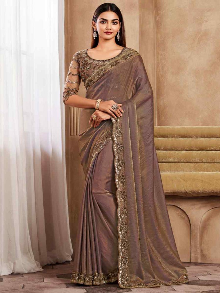 Brown Gold Silk Embroidered Bridesmaid Reception Heavy Border Saree