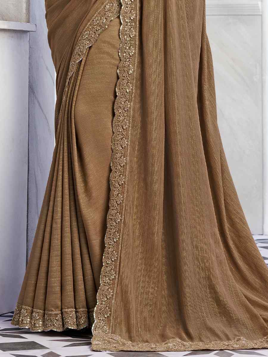 Brown Golden Shimmer Silk Embroidered Bridesmaid Reception Heavy Border Saree