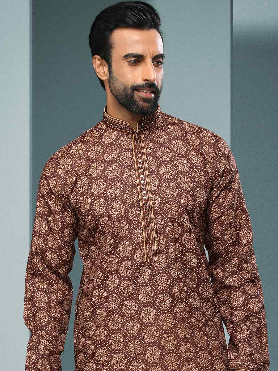 Brown Hand Loomed In Rich Yarns Of Cotton Printed Festival Kurta