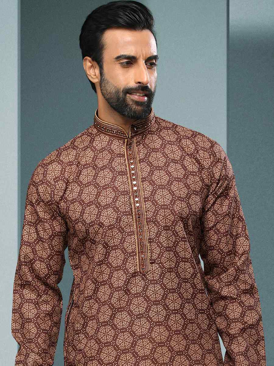 Brown Hand Loomed In Rich Yarns Of Cotton Printed Festival Kurta