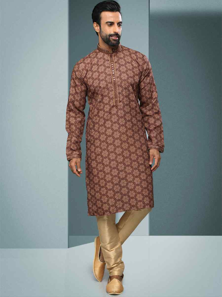 Brown Hand Loomed In Rich Yarns Of Cotton Printed Festival Kurta