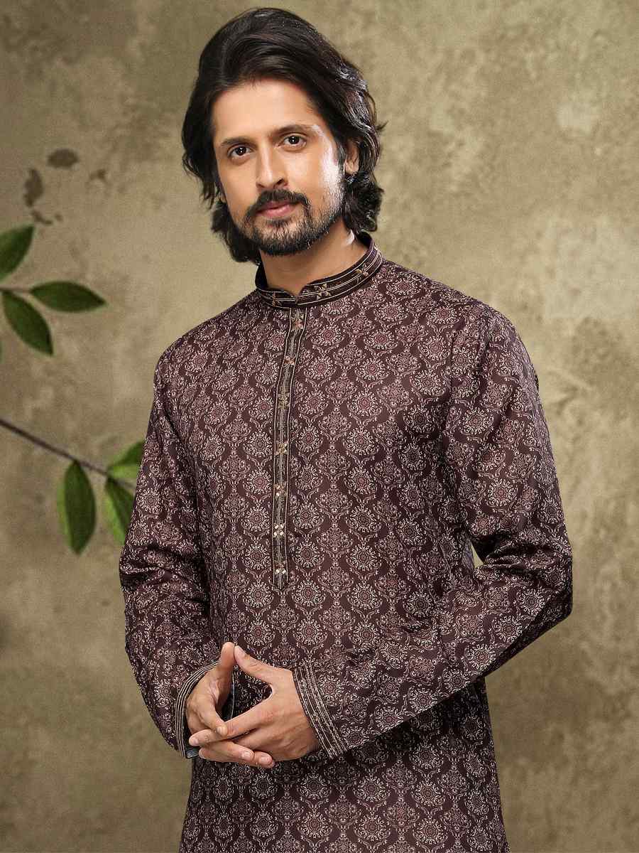 Brown Hand Loomed In Rich Yarns Of Cotton Printed Festival Party Kurta