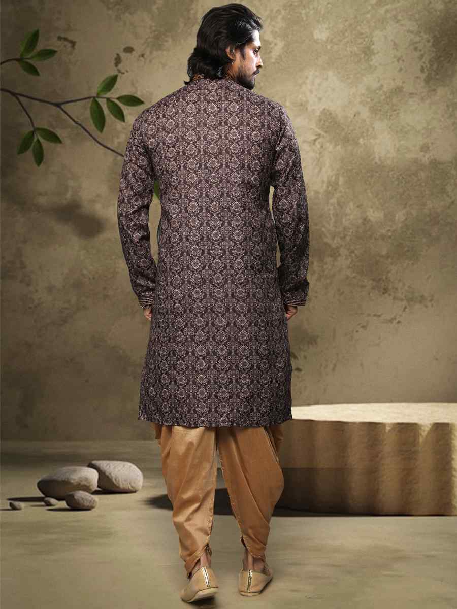 Brown Hand Loomed In Rich Yarns Of Cotton Printed Festival Party Kurta