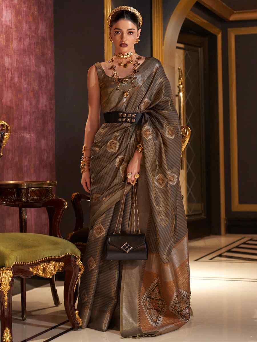 Brown Handloom Silk Handwoven Wedding Festival Heavy Border Saree