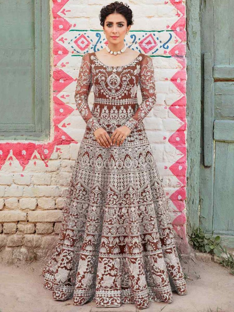 Brown Heavy Butterfly Net Embroidered Engagement Bridesmaid Anarkali Salwar Kameez