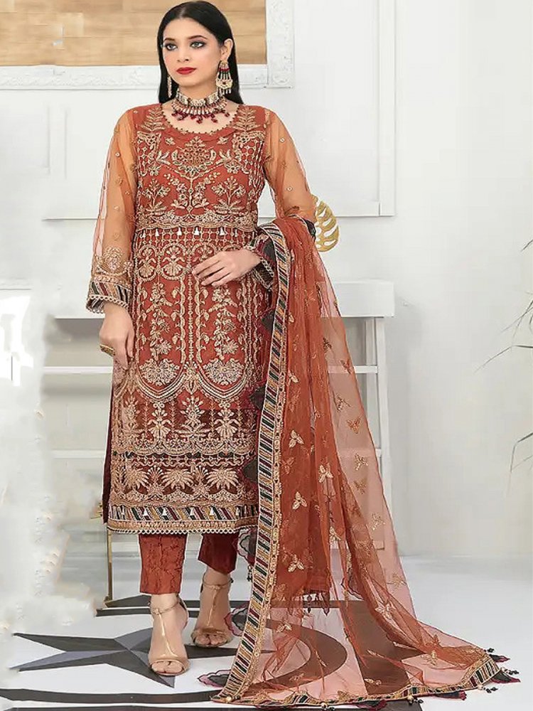 Brown Heavy Butterfly Net Embroidered Festival Party Pant Salwar Kameez