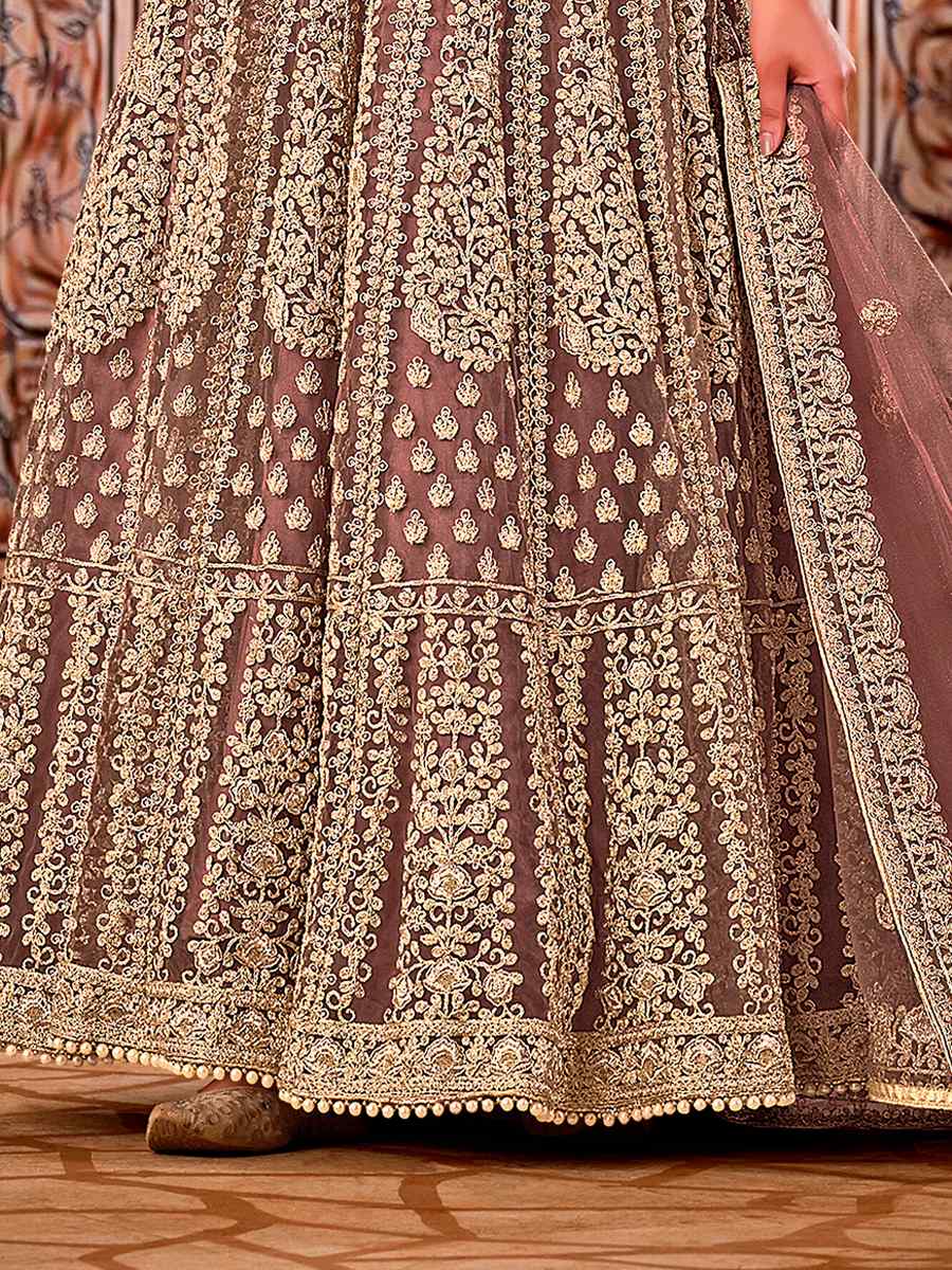 Brown Heavy Butterfly Net Embroidered Wedding Engagement Anarkali Salwar Kameez