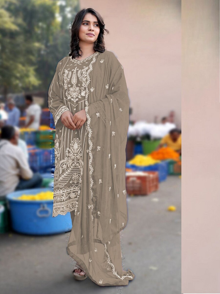 Image of Brown Heavy Chiffon Embroidery Wedding Party Festival Casual Pant Salwar Kameez