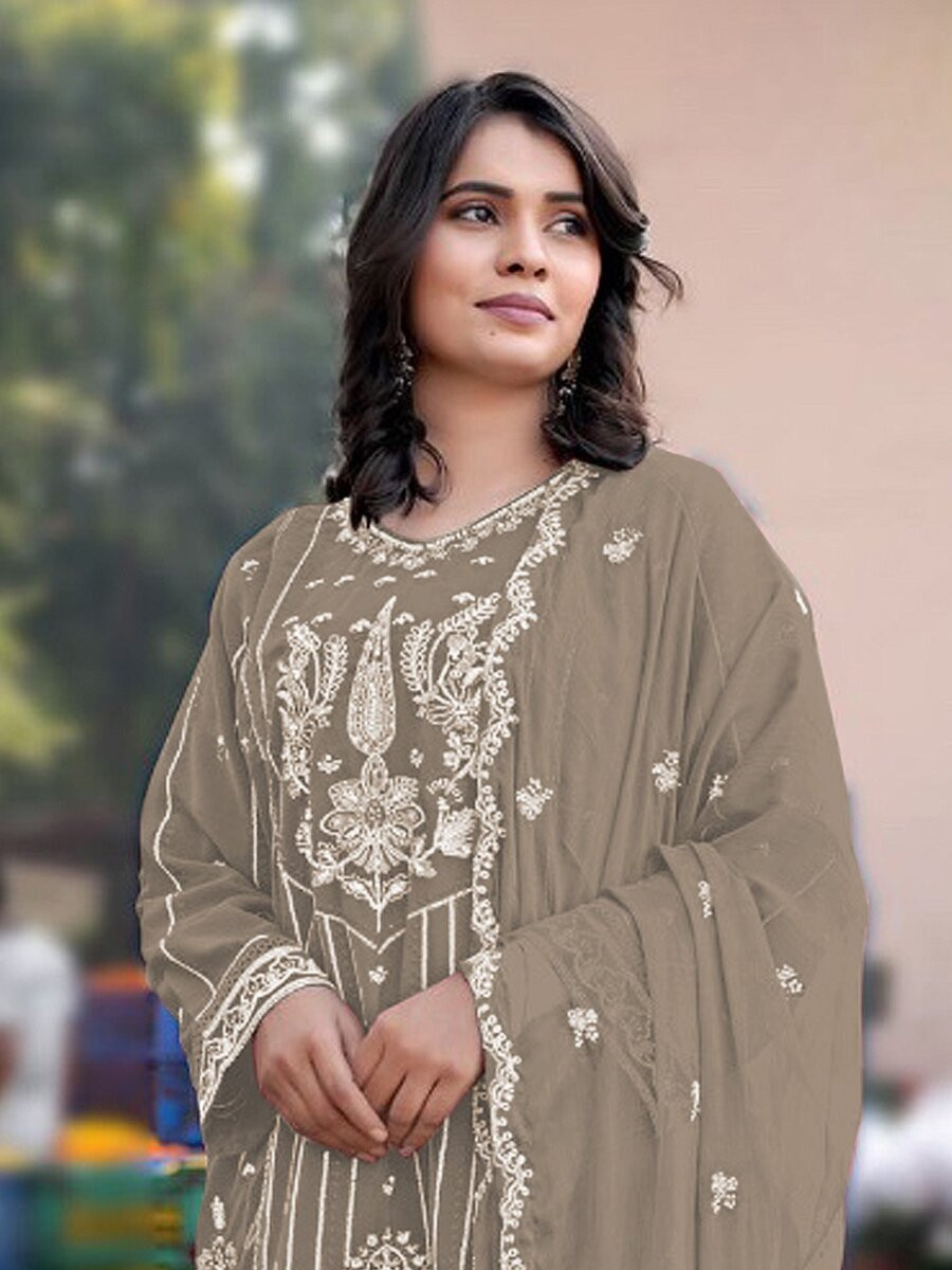 Brown Heavy Chiffon Embroidery Wedding Party Festival Casual Pant Salwar Kameez