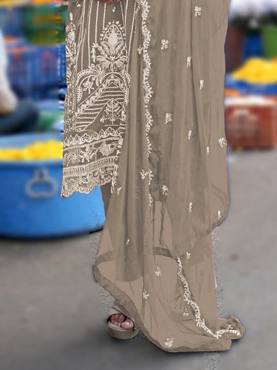 Brown Heavy Chiffon Embroidery Wedding Party Festival Casual Pant Salwar Kameez