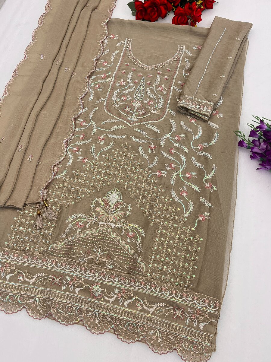 Brown Heavy Chiffon Embroidery Wedding Party Festival Casual Pant Salwar Kameez