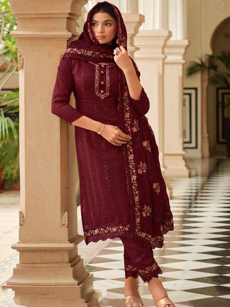 Brown Heavy Chinon Embroidered Festival Wedding Pant Salwar Kameez