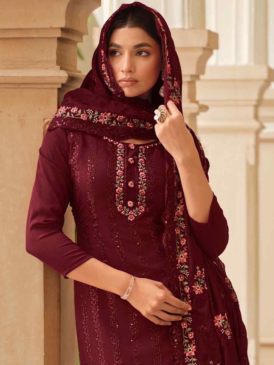 Brown Heavy Chinon Embroidered Festival Wedding Pant Salwar Kameez