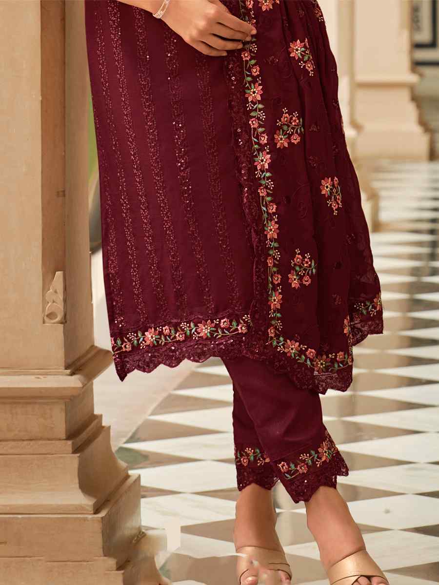 Brown Heavy Chinon Embroidered Festival Wedding Pant Salwar Kameez