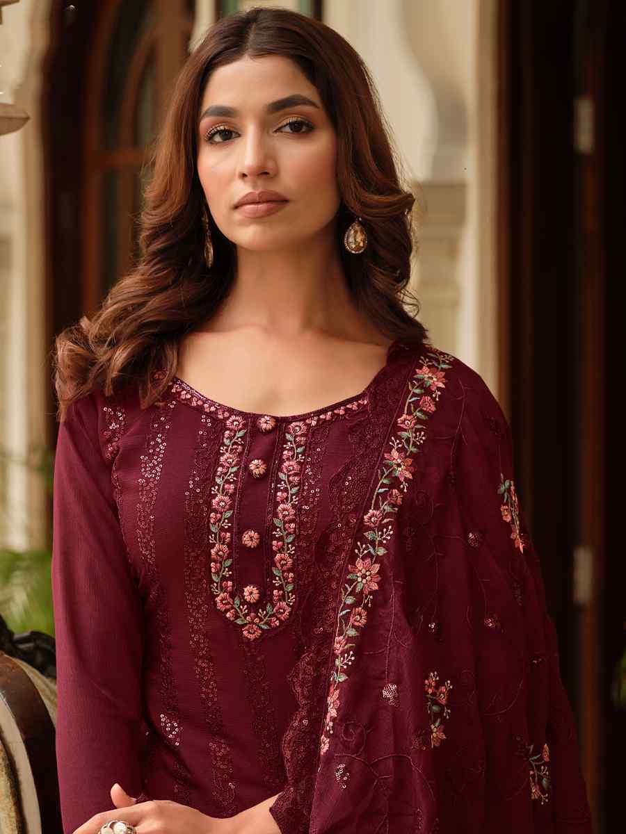 Brown Heavy Chinon Embroidered Festival Wedding Pant Salwar Kameez