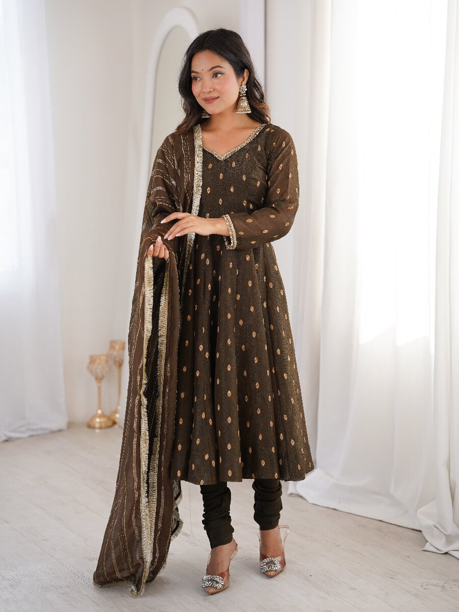 Brown Heavy Crunchy Silk Sequins Lace Work Jacquard Butti Festival Party Wedding Casual Ready Anarkali Churidar Salwar Kameez