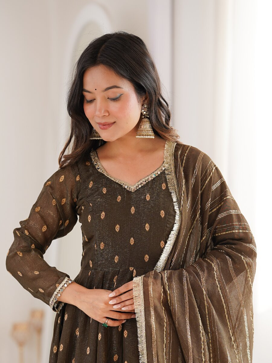 Brown Heavy Crunchy Silk Sequins Lace Work Jacquard Butti Festival Party Wedding Casual Ready Anarkali Churidar Salwar Kameez