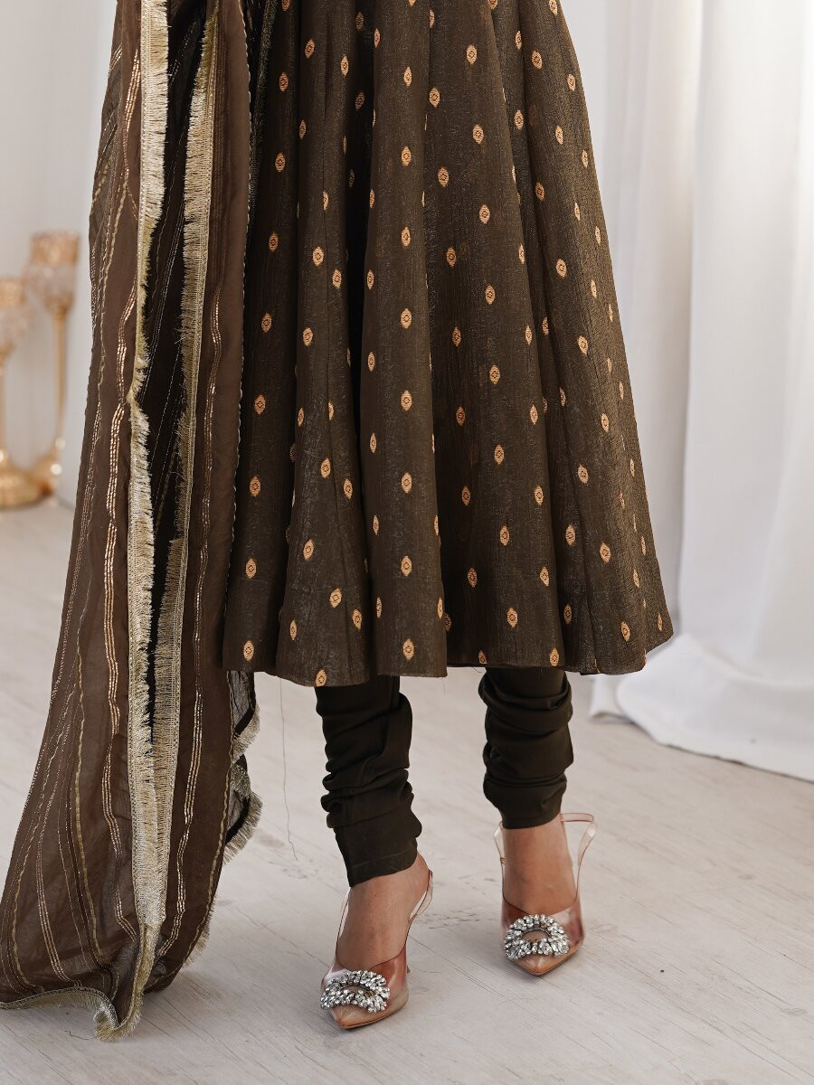 Brown Heavy Crunchy Silk Sequins Lace Work Jacquard Butti Festival Party Wedding Casual Ready Anarkali Churidar Salwar Kameez