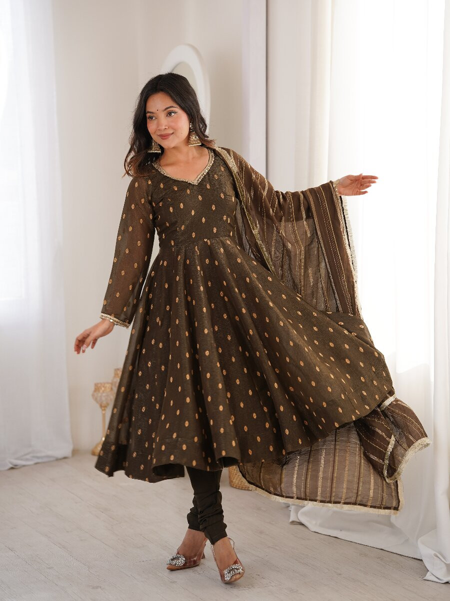 Brown Heavy Crunchy Silk Sequins Lace Work Jacquard Butti Festival Party Wedding Casual Ready Anarkali Churidar Salwar Kameez