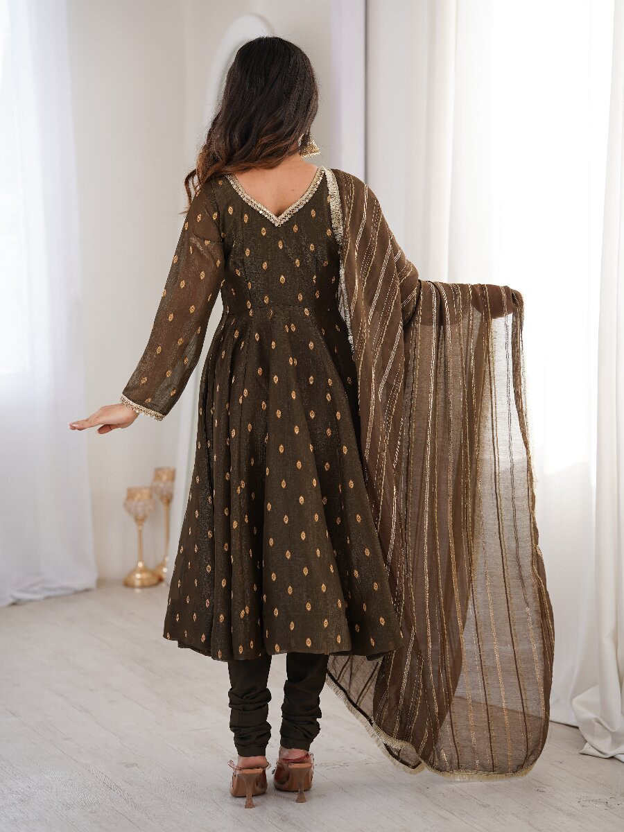 Brown Heavy Crunchy Silk Sequins Lace Work Jacquard Butti Festival Party Wedding Casual Ready Anarkali Churidar Salwar Kameez
