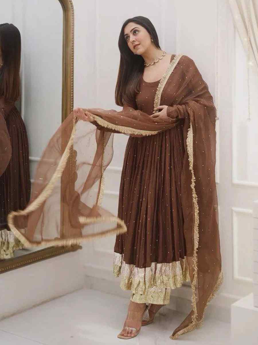 Brown Heavy Faux Georgette Embroidered Festival Casual Ready Pakistani Salwar Kameez