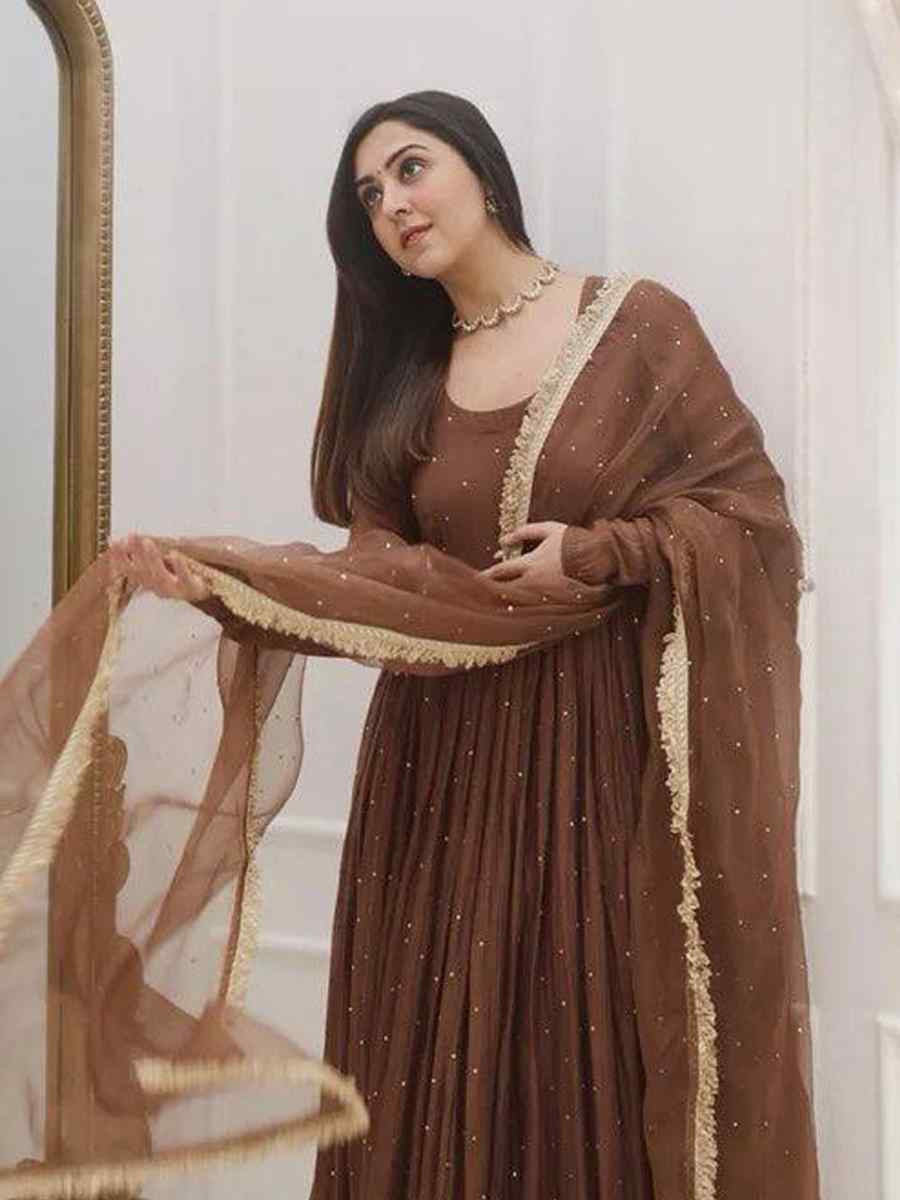 Brown Heavy Faux Georgette Embroidered Festival Casual Ready Pakistani Salwar Kameez